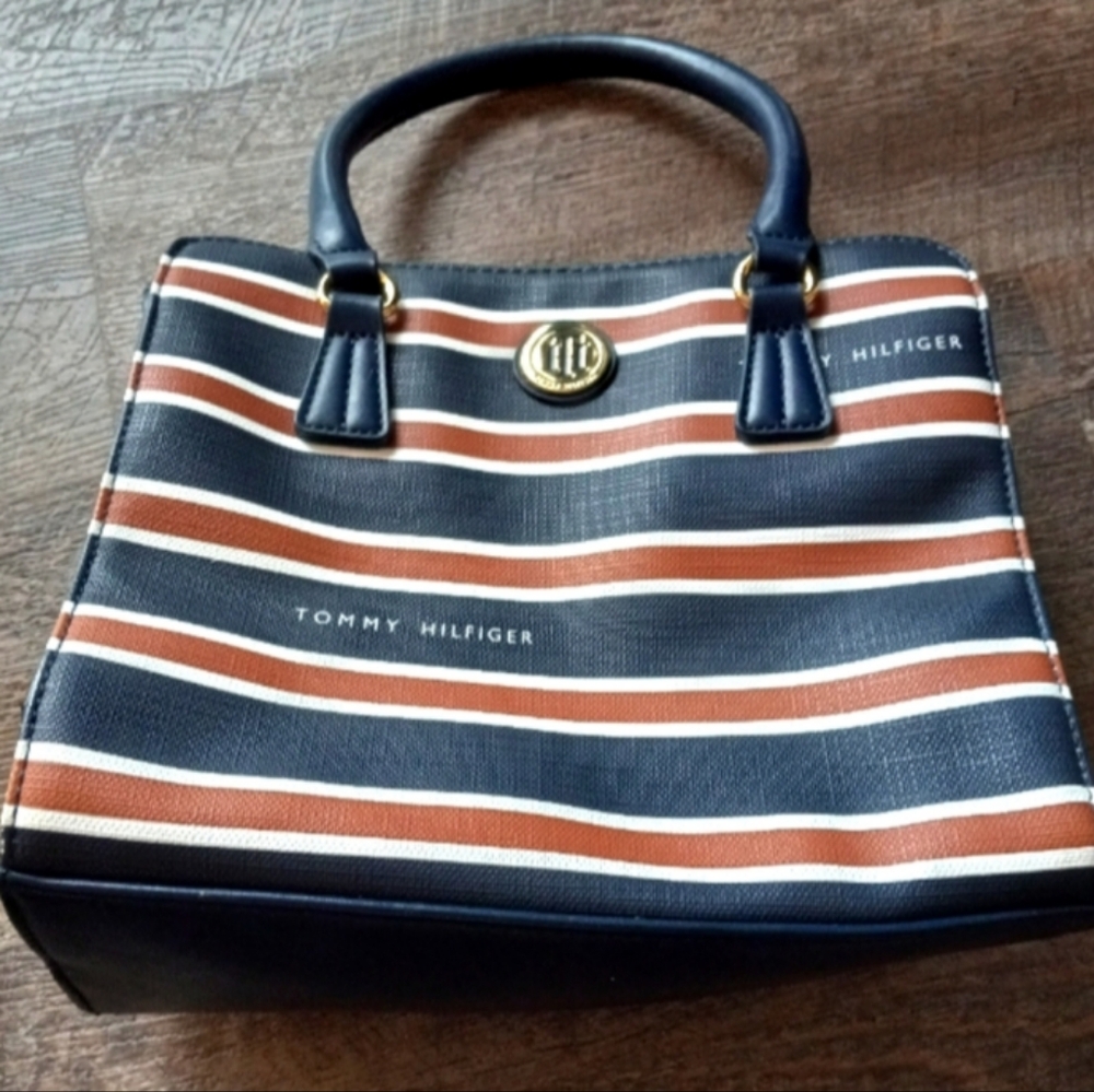 Tommy Hilfiger red, blue, and white striped small satchel purse